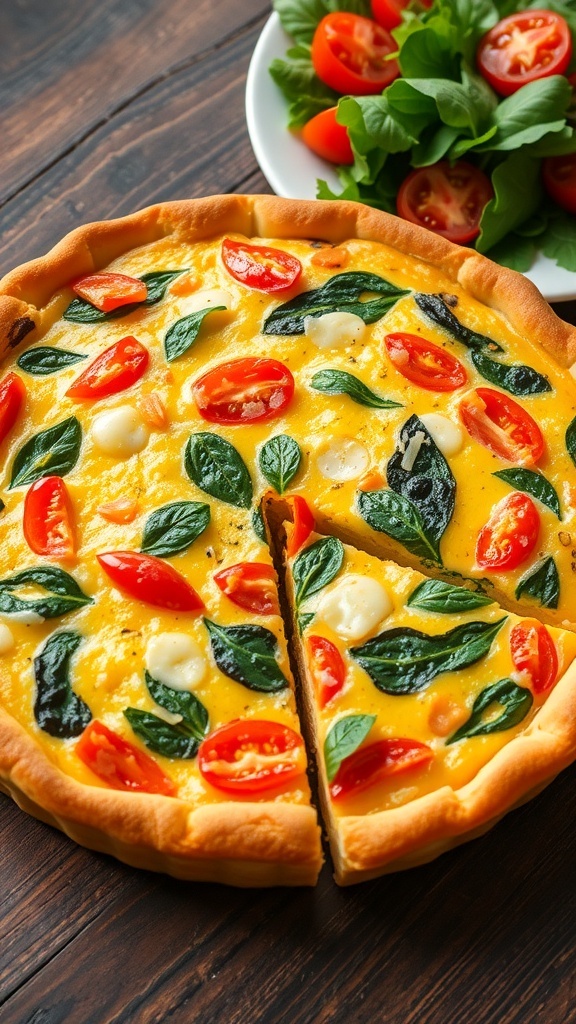 Light Vegetable Quiche without Heavy Cream A slice of vegetable quiche with spinach and bell peppers on a wooden table, served with a side salad.